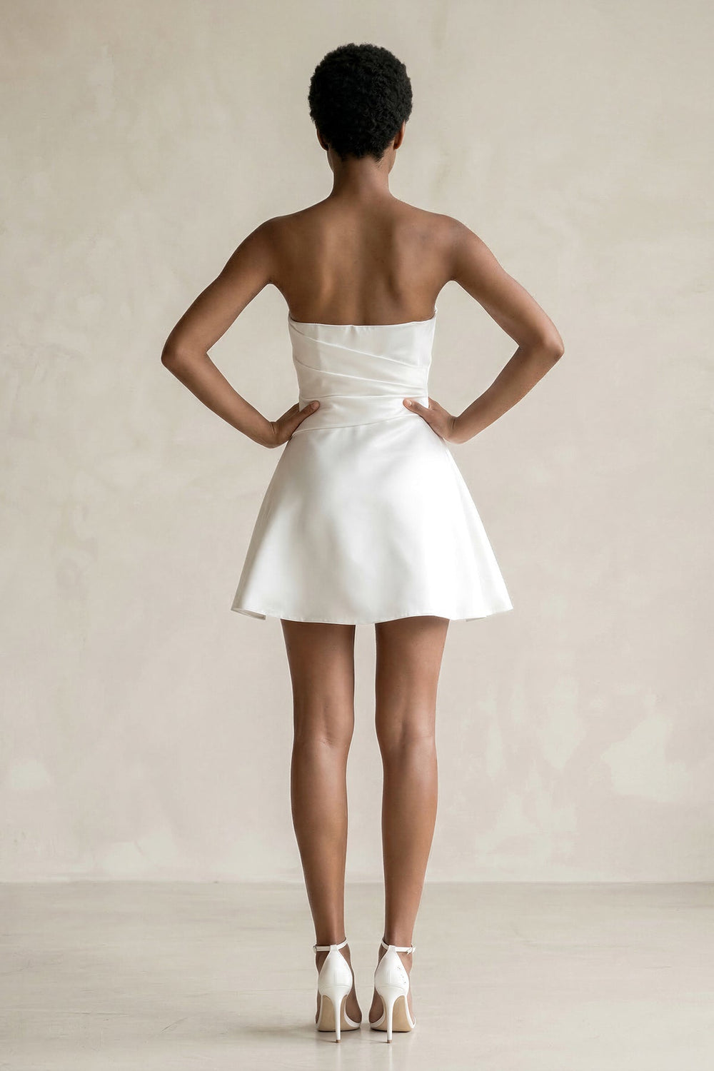 Ruched Strapless Satin Mini Wedding Dress in White - KissProm Wedding Dresses
