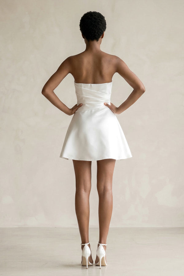 Ruched Strapless Satin Mini Wedding Dress in White, White / 4