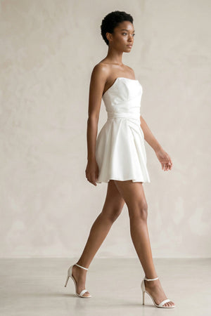 Ruched Strapless Satin Mini Wedding Dress in White - KissProm Wedding Dresses