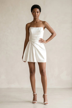 Ruched Strapless Satin Mini Wedding Dress in White - KissProm Wedding Dresses