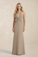 Ruched V - Neck Sheath Bridesmaid Dress With Bow in Almond - KissProm Bridesmaid Dresses
