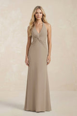 Ruched V - Neck Sheath Bridesmaid Dress With Bow in Almond - KissProm Bridesmaid Dresses
