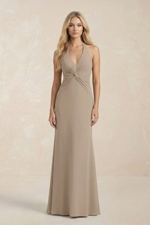 Ruched V - Neck Sheath Bridesmaid Dress With Bow in Almond - KissProm Bridesmaid Dresses