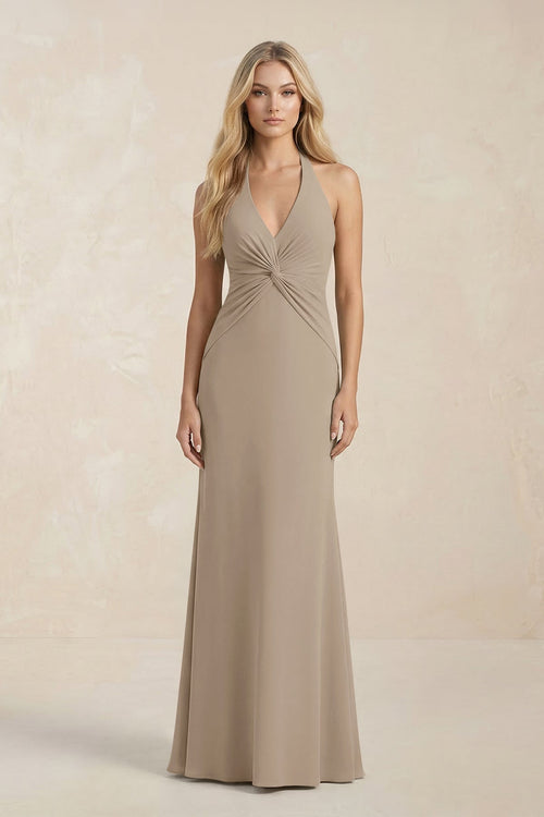 Ruched V - Neck Sheath Bridesmaid Dress With Bow in Almond - KissProm Bridesmaid Dresses