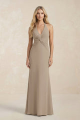 Ruched V - Neck Sheath Bridesmaid Dress With Bow in Almond - KissProm Bridesmaid Dresses