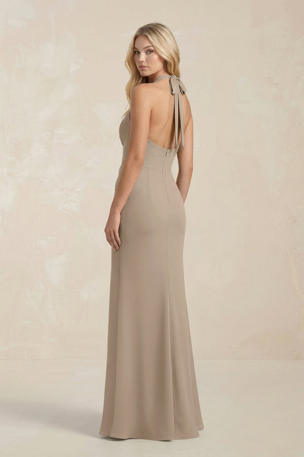 Ruched V - Neck Sheath Bridesmaid Dress With Bow in Almond - KissProm Bridesmaid Dresses