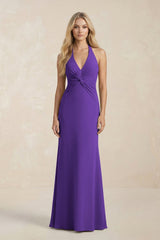 Ruched V - Neck Sheath Bridesmaid Dress With Bow in Amethyst - KissProm Bridesmaid Dresses