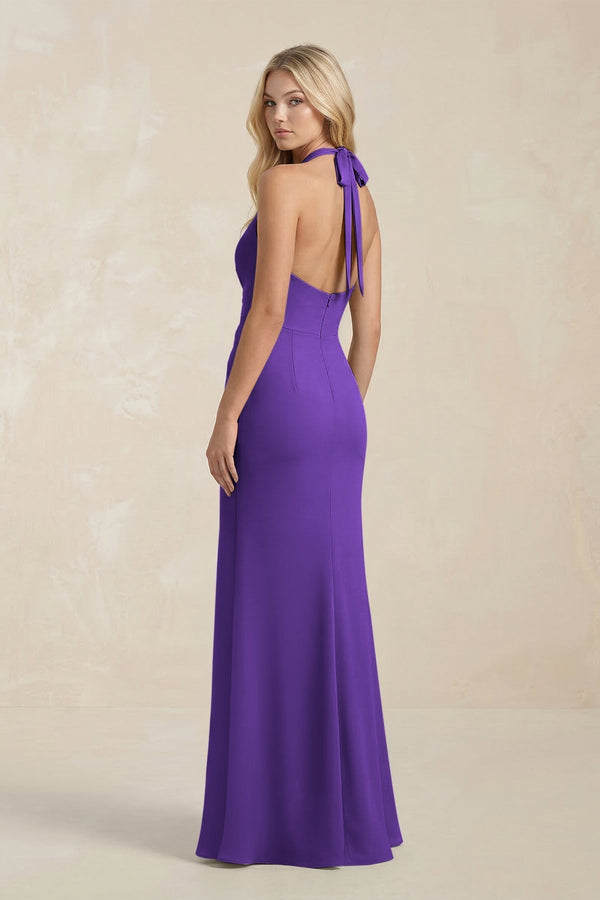 Ruched V - Neck Sheath Bridesmaid Dress With Bow in Amethyst - KissProm Bridesmaid Dresses