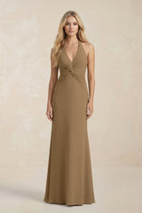 Ruched V - Neck Sheath Bridesmaid Dress With Bow in Apple Cinnamon - KissProm Bridesmaid Dresses