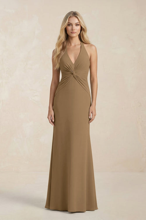 Ruched V - Neck Sheath Bridesmaid Dress With Bow in Apple Cinnamon - KissProm Bridesmaid Dresses