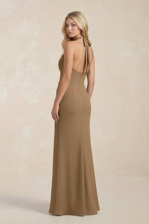 Ruched V - Neck Sheath Bridesmaid Dress With Bow in Apple Cinnamon - KissProm Bridesmaid Dresses
