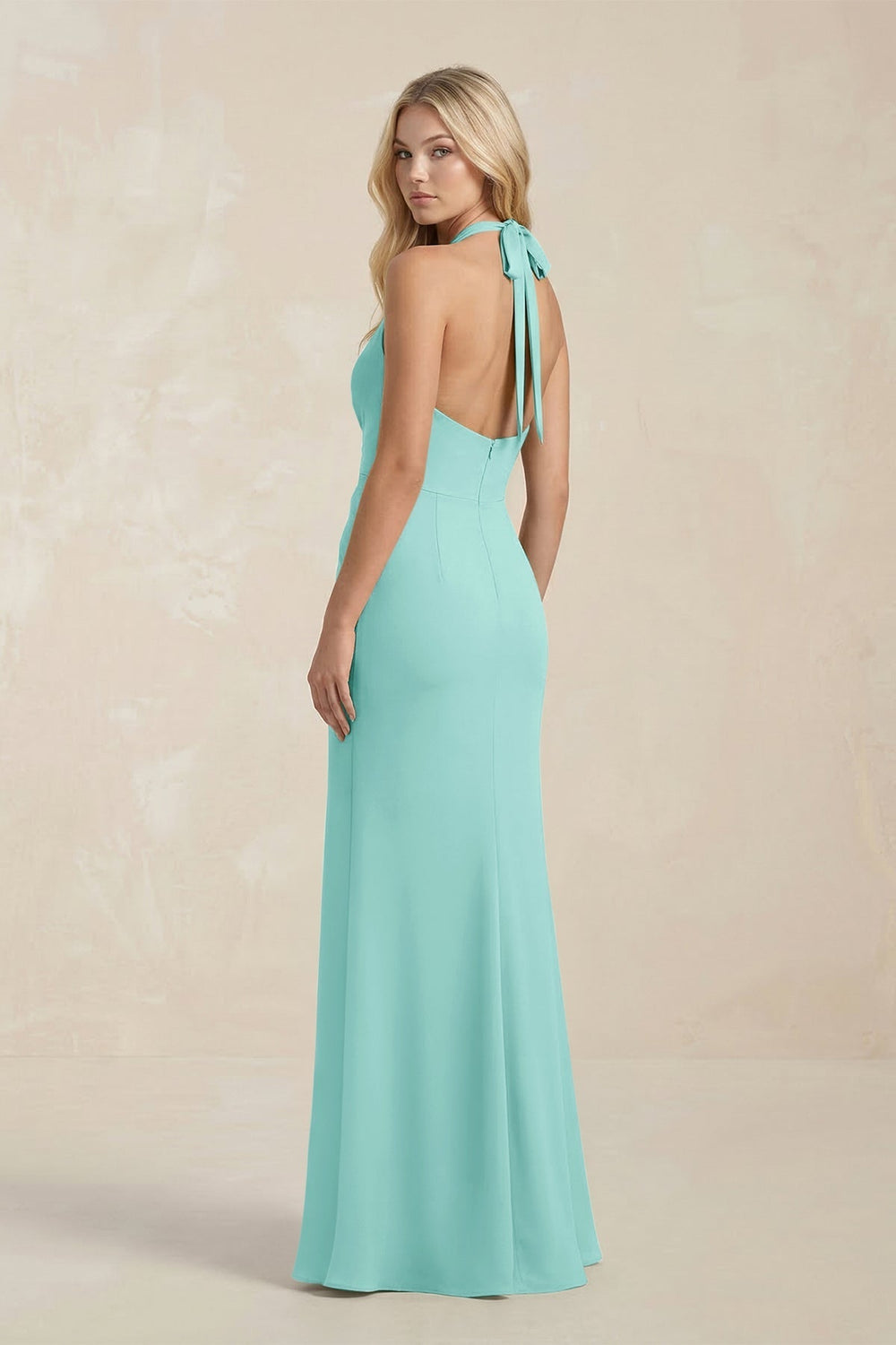 Ruched V - Neck Sheath Bridesmaid Dress With Bow in Aqua - KissProm Bridesmaid Dresses