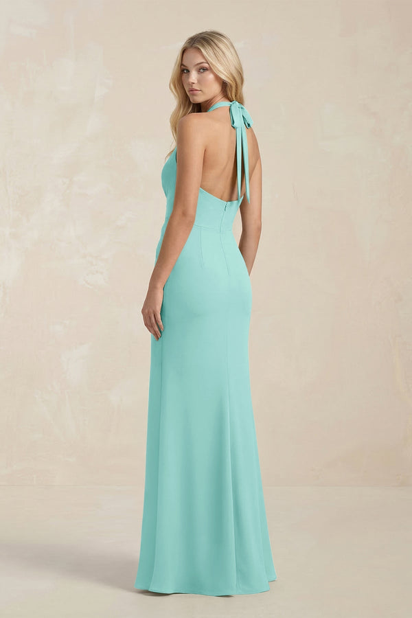 Ruched V - Neck Sheath Bridesmaid Dress With Bow in Aqua - KissProm Bridesmaid Dresses