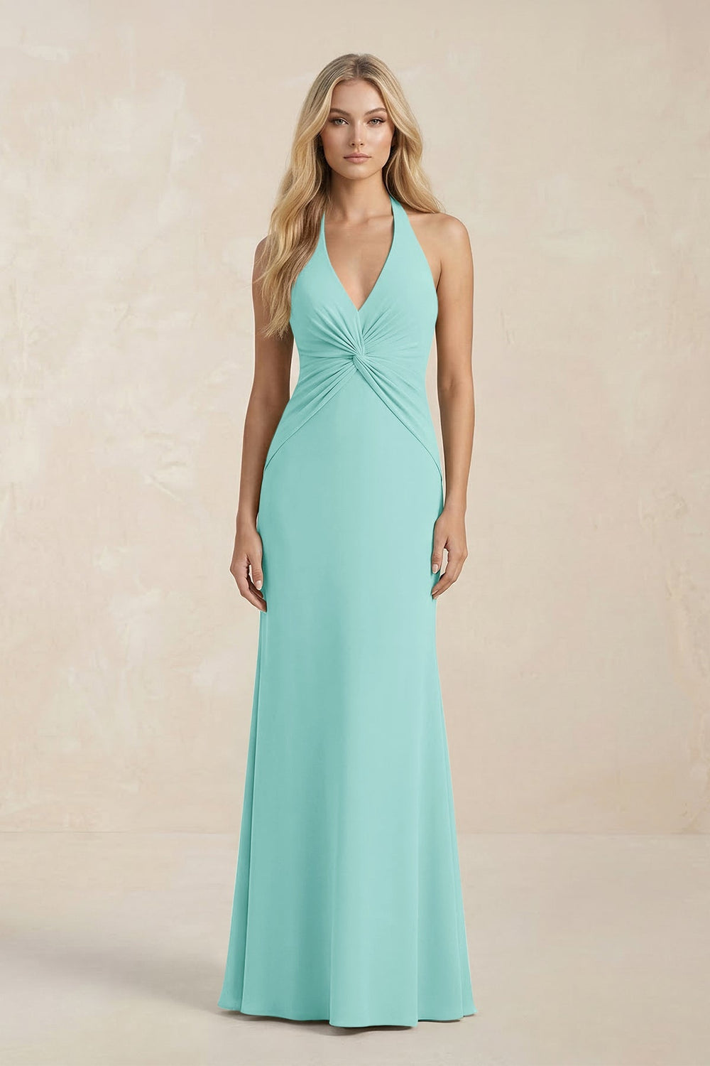 Ruched V - Neck Sheath Bridesmaid Dress With Bow in Aqua - KissProm Bridesmaid Dresses