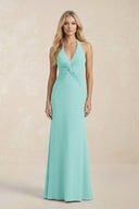 Ruched V - Neck Sheath Bridesmaid Dress With Bow in Aqua - KissProm Bridesmaid Dresses