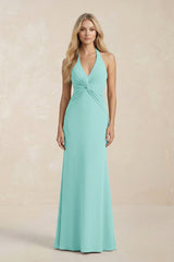 Ruched V - Neck Sheath Bridesmaid Dress With Bow in Aqua - KissProm Bridesmaid Dresses