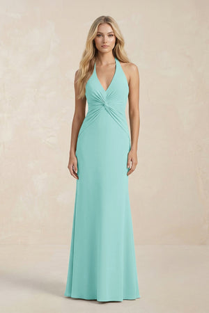 Ruched V - Neck Sheath Bridesmaid Dress With Bow in Aqua - KissProm Bridesmaid Dresses