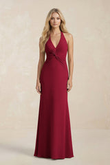 Ruched V - Neck Sheath Bridesmaid Dress With Bow in Berry - KissProm Bridesmaid Dresses