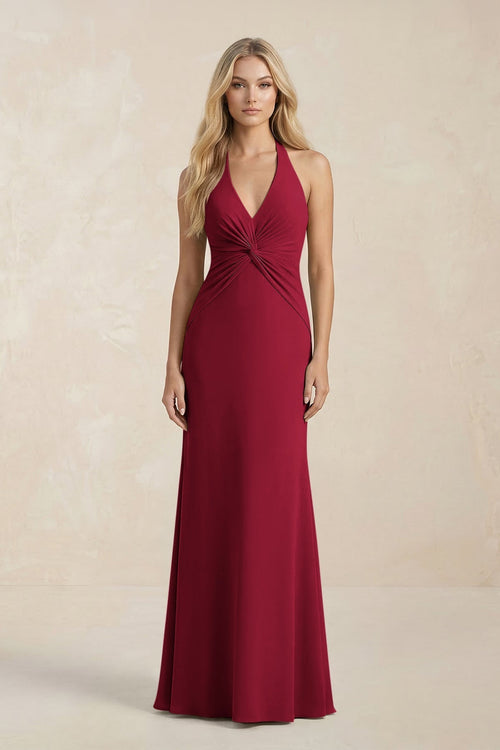 Ruched V - Neck Sheath Bridesmaid Dress With Bow in Berry - KissProm Bridesmaid Dresses