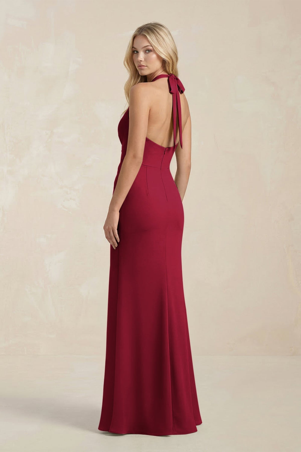 Ruched V - Neck Sheath Bridesmaid Dress With Bow in Berry - KissProm Bridesmaid Dresses