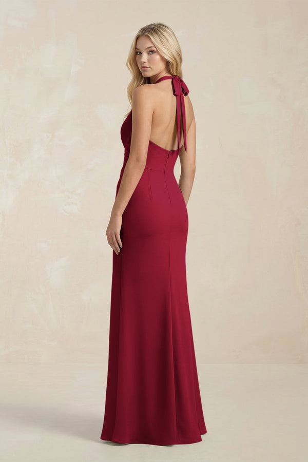 Ruched V - Neck Sheath Bridesmaid Dress With Bow in Berry - KissProm Bridesmaid Dresses