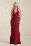 Ruched V - Neck Sheath Bridesmaid Dress With Bow in Berry - KissProm Bridesmaid Dresses