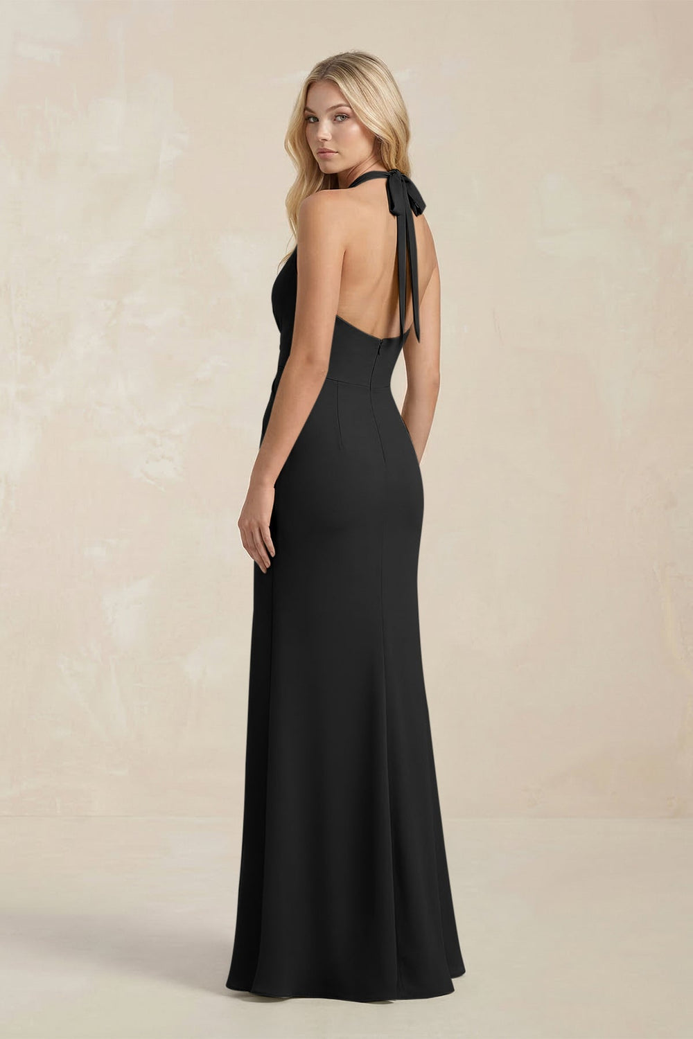 Ruched V - Neck Sheath Bridesmaid Dress With Bow in Black - KissProm Bridesmaid Dresses