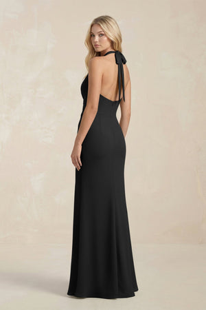 Ruched V - Neck Sheath Bridesmaid Dress With Bow in Black - KissProm Bridesmaid Dresses