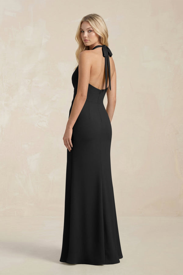 Ruched V - Neck Sheath Bridesmaid Dress With Bow in Black - KissProm Bridesmaid Dresses