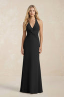 Ruched V - Neck Sheath Bridesmaid Dress With Bow in Black - KissProm Bridesmaid Dresses
