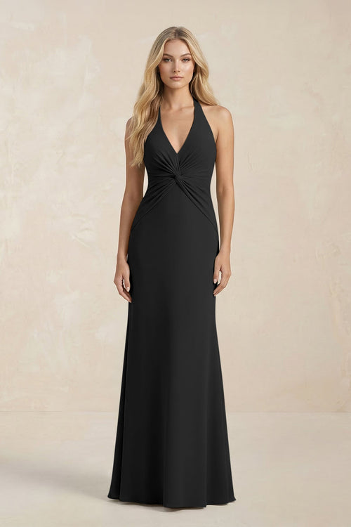 Ruched V - Neck Sheath Bridesmaid Dress With Bow in Black - KissProm Bridesmaid Dresses