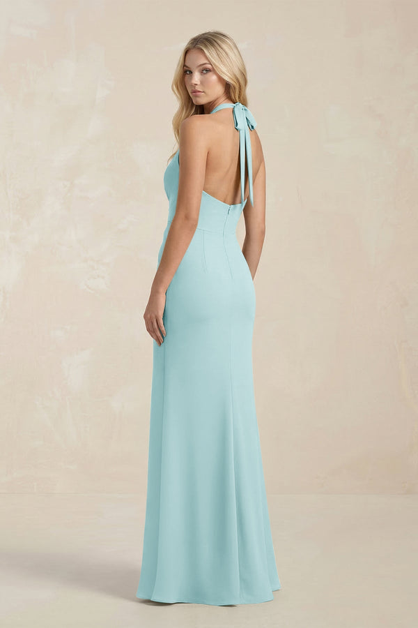 Ruched V - Neck Sheath Bridesmaid Dress With Bow in Bleached Aqua - KissProm Bridesmaid Dresses