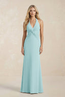 Ruched V - Neck Sheath Bridesmaid Dress With Bow in Bleached Aqua - KissProm Bridesmaid Dresses