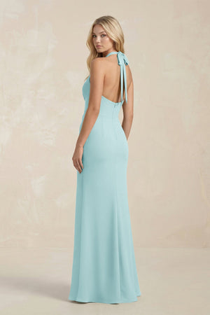 Ruched V - Neck Sheath Bridesmaid Dress With Bow in Bleached Aqua - KissProm Bridesmaid Dresses