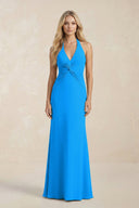 Ruched V - Neck Sheath Bridesmaid Dress With Bow in Blue Jay - KissProm Bridesmaid Dresses