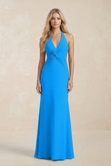 Ruched V - Neck Sheath Bridesmaid Dress With Bow in Blue Jay - KissProm Bridesmaid Dresses
