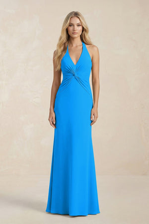 Ruched V - Neck Sheath Bridesmaid Dress With Bow in Blue Jay - KissProm Bridesmaid Dresses