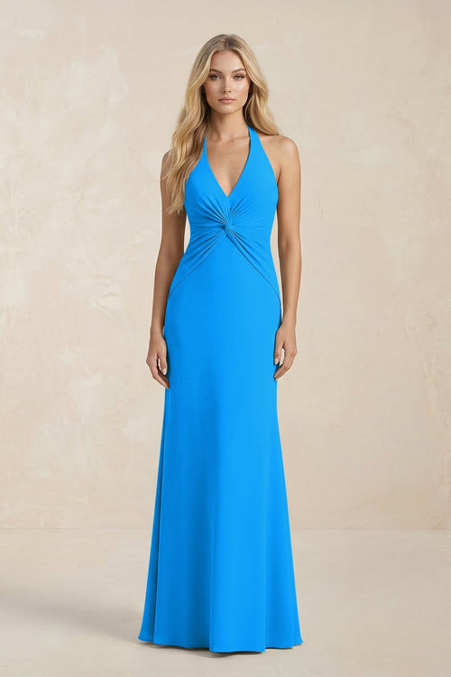 Ruched V - Neck Sheath Bridesmaid Dress With Bow in Blue Jay - KissProm Bridesmaid Dresses