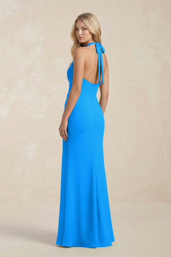 Ruched V - Neck Sheath Bridesmaid Dress With Bow in Blue Jay - KissProm Bridesmaid Dresses