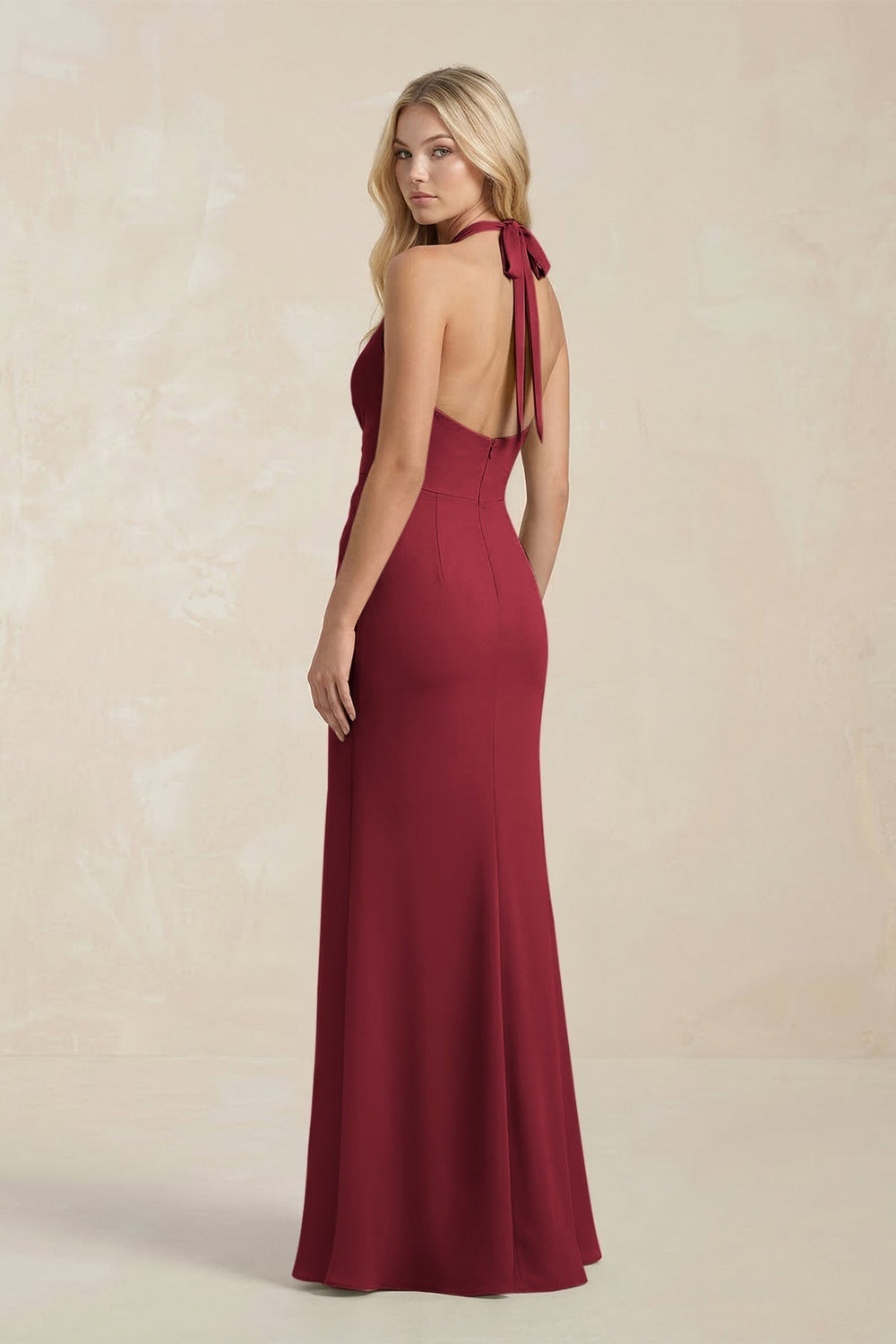 Ruched V - Neck Sheath Bridesmaid Dress With Bow in Burgundy - KissProm Bridesmaid Dresses