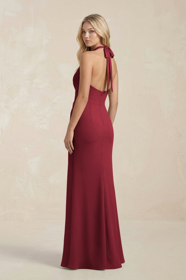 Ruched V - Neck Sheath Bridesmaid Dress With Bow in Burgundy - KissProm Bridesmaid Dresses
