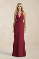 Ruched V - Neck Sheath Bridesmaid Dress With Bow in Burgundy - KissProm Bridesmaid Dresses