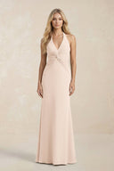 Ruched V - Neck Sheath Bridesmaid Dress With Bow in Buttercream - KissProm Bridesmaid Dresses