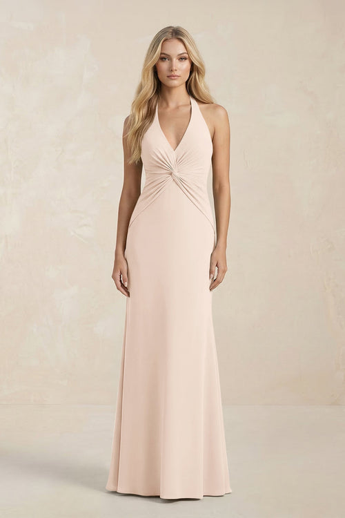 Ruched V - Neck Sheath Bridesmaid Dress With Bow in Buttercream - KissProm Bridesmaid Dresses