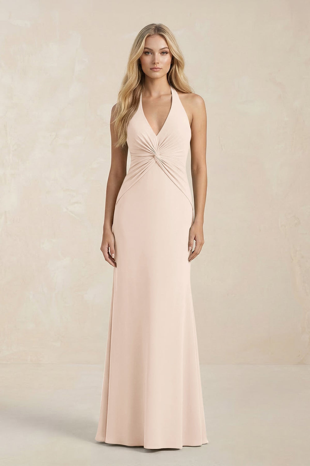 Ruched V - Neck Sheath Bridesmaid Dress With Bow in Buttercream - KissProm Bridesmaid Dresses