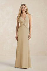 Ruched V - Neck Sheath Bridesmaid Dress With Bow in Champagne - KissProm Bridesmaid Dresses