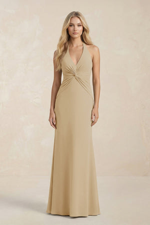 Ruched V - Neck Sheath Bridesmaid Dress With Bow in Champagne - KissProm Bridesmaid Dresses