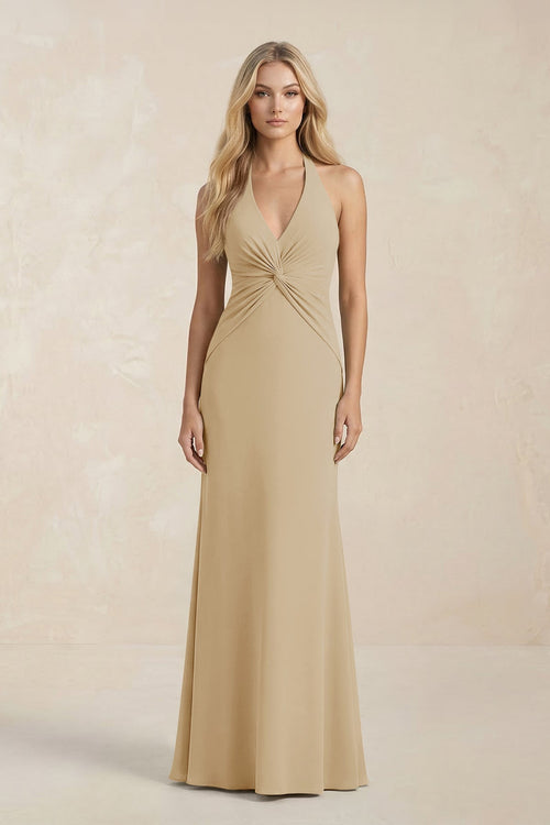 Ruched V - Neck Sheath Bridesmaid Dress With Bow in Champagne - KissProm Bridesmaid Dresses