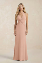 Ruched V - Neck Sheath Bridesmaid Dress With Bow in Champagne Rose - KissProm Bridesmaid Dresses