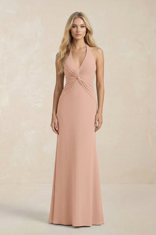 Ruched V - Neck Sheath Bridesmaid Dress With Bow in Champagne Rose - KissProm Bridesmaid Dresses